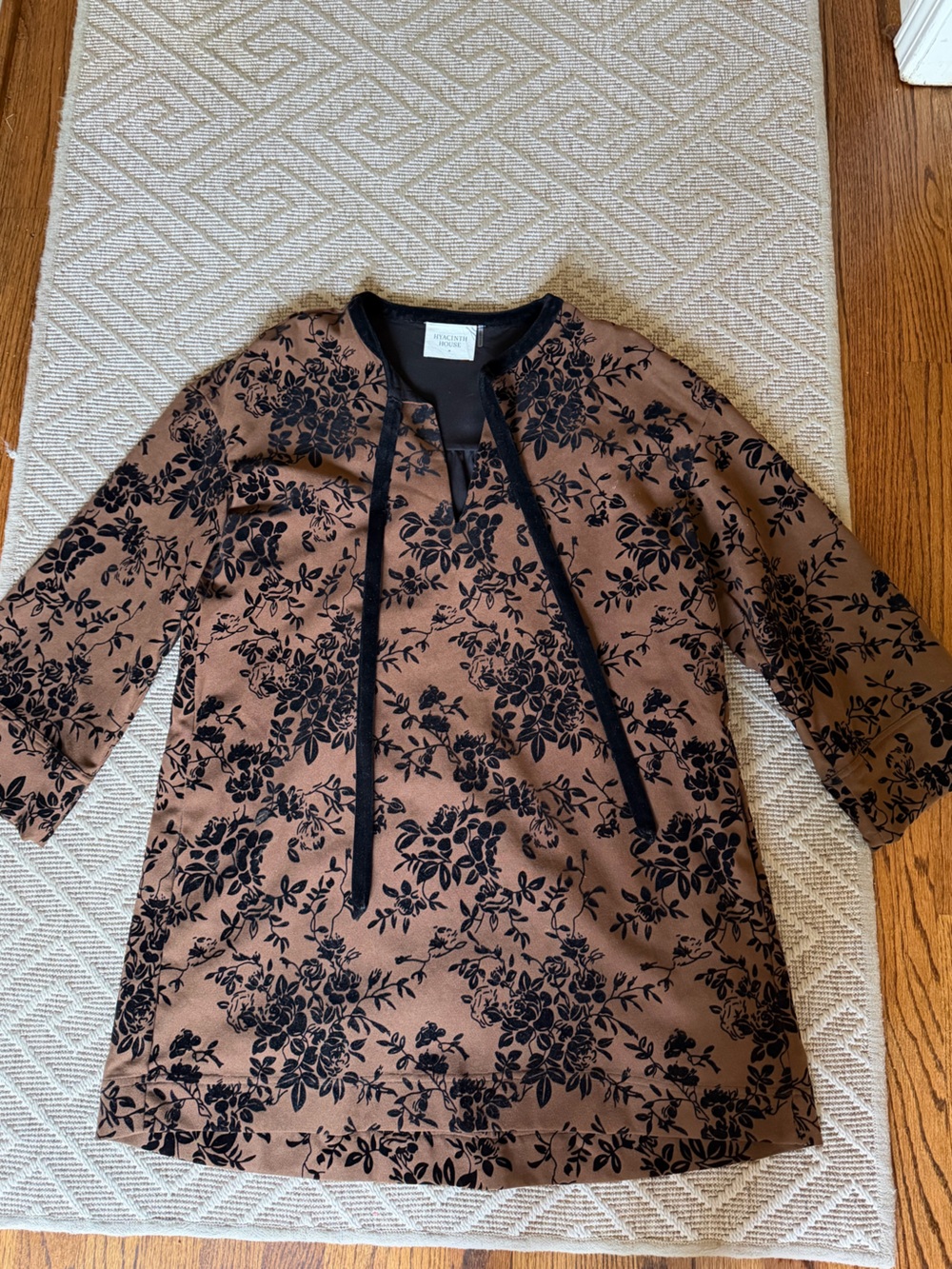Brown Floral Midi Dress with Black Velvet Print